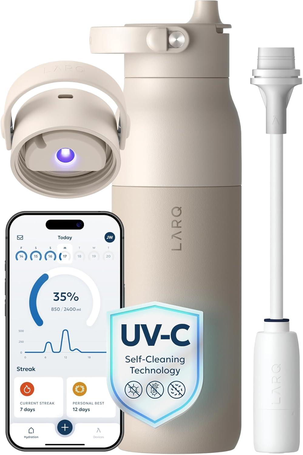 image:imageLARQ Bottle PureVis 2 UV Water Purifier with SelfCleaning App Hydration Tracking Filter Straw Detachable Handle DoubleWall InsulatedMojave Dune