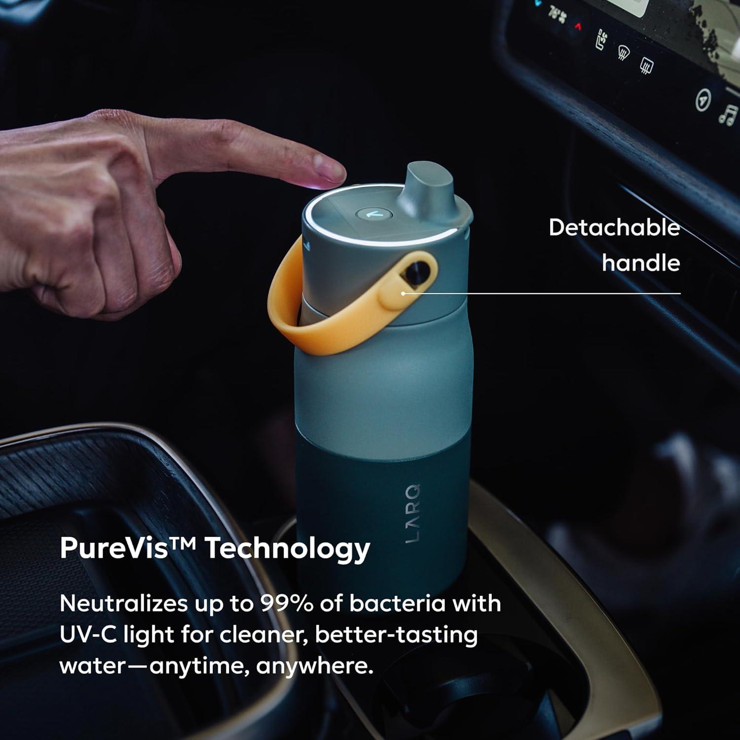 image:imageLARQ Bottle PureVis 2 UV Water Purifier with SelfCleaning App Hydration Tracking Filter Straw Detachable Handle DoubleWall InsulatedMojave Dune