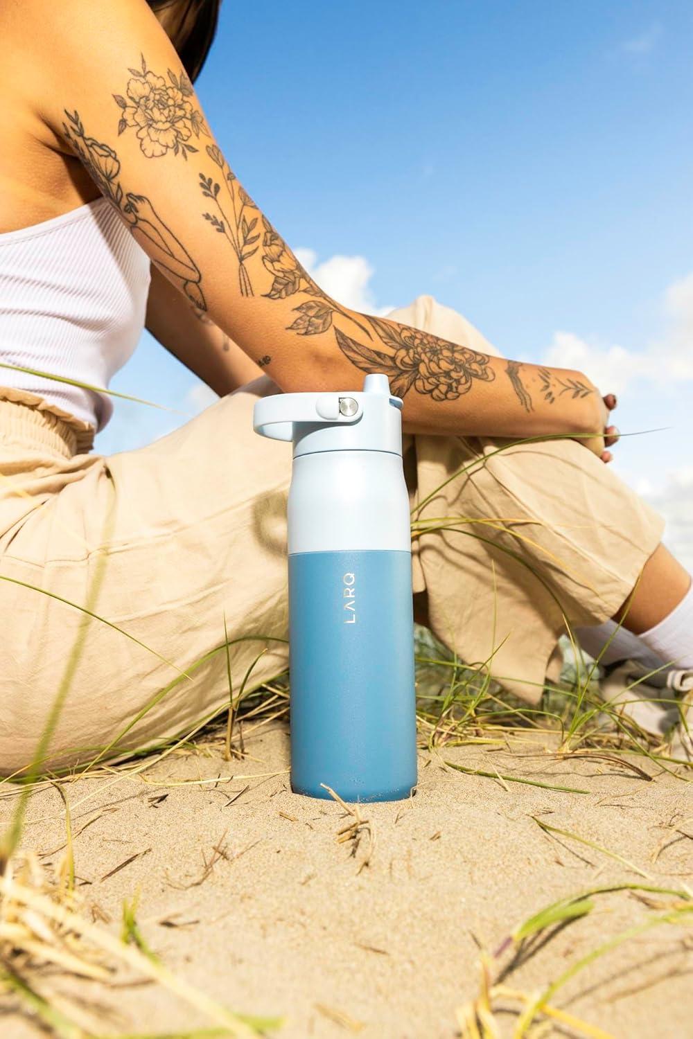 image:imageLARQ Bottle Swig Top 34oz Insulated Stainless Steel Water Bottle With BuiltIn Silicone Handle BPA Free Reusable Water Bottle for Sports Gym and Travel Granite WhiteAmalfi Blue