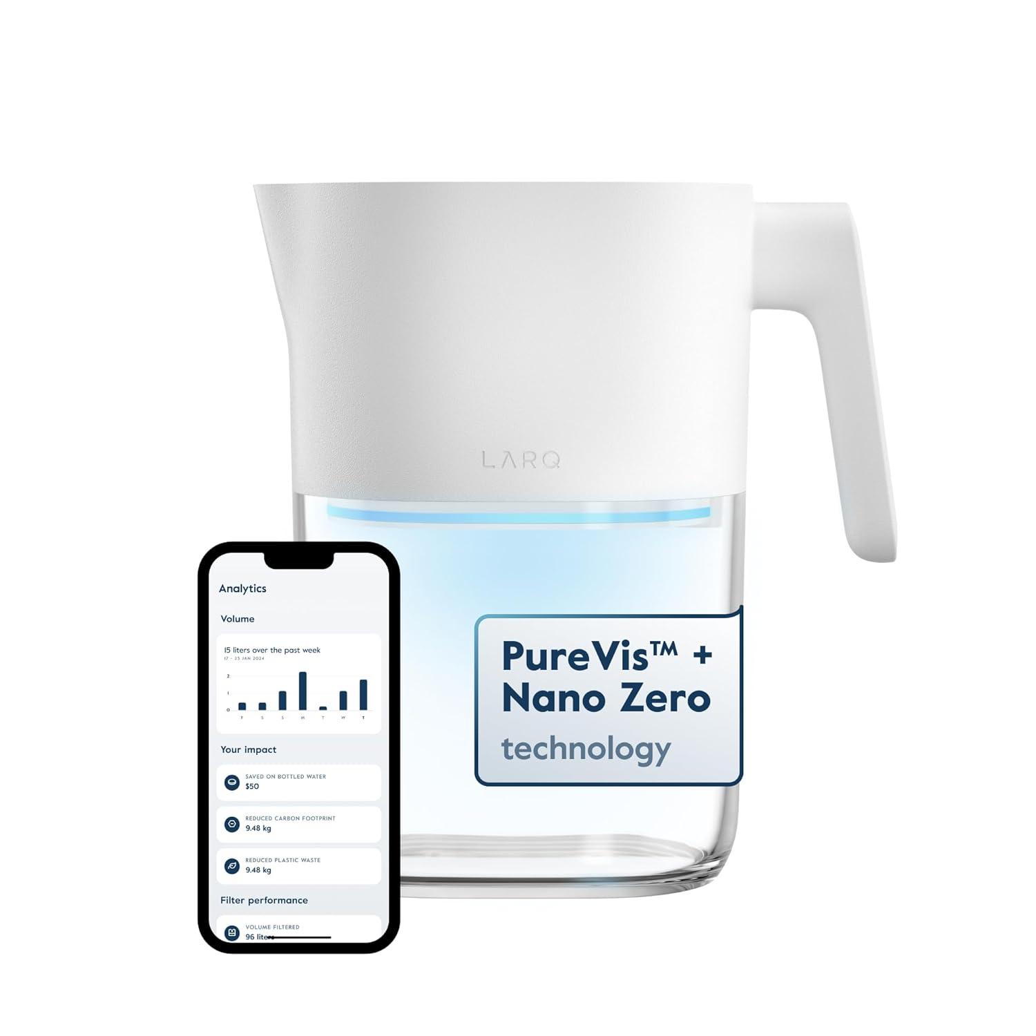 image:imageLARQ PureVis 3in1 Water Pitcher Purifier Filter amp Tracking 8Cup Water Purifier Pitcher with Advanced Filter for Clean amp Crisp Water Removes Chlorine PFAS Lead amp More Monaco BluePure White