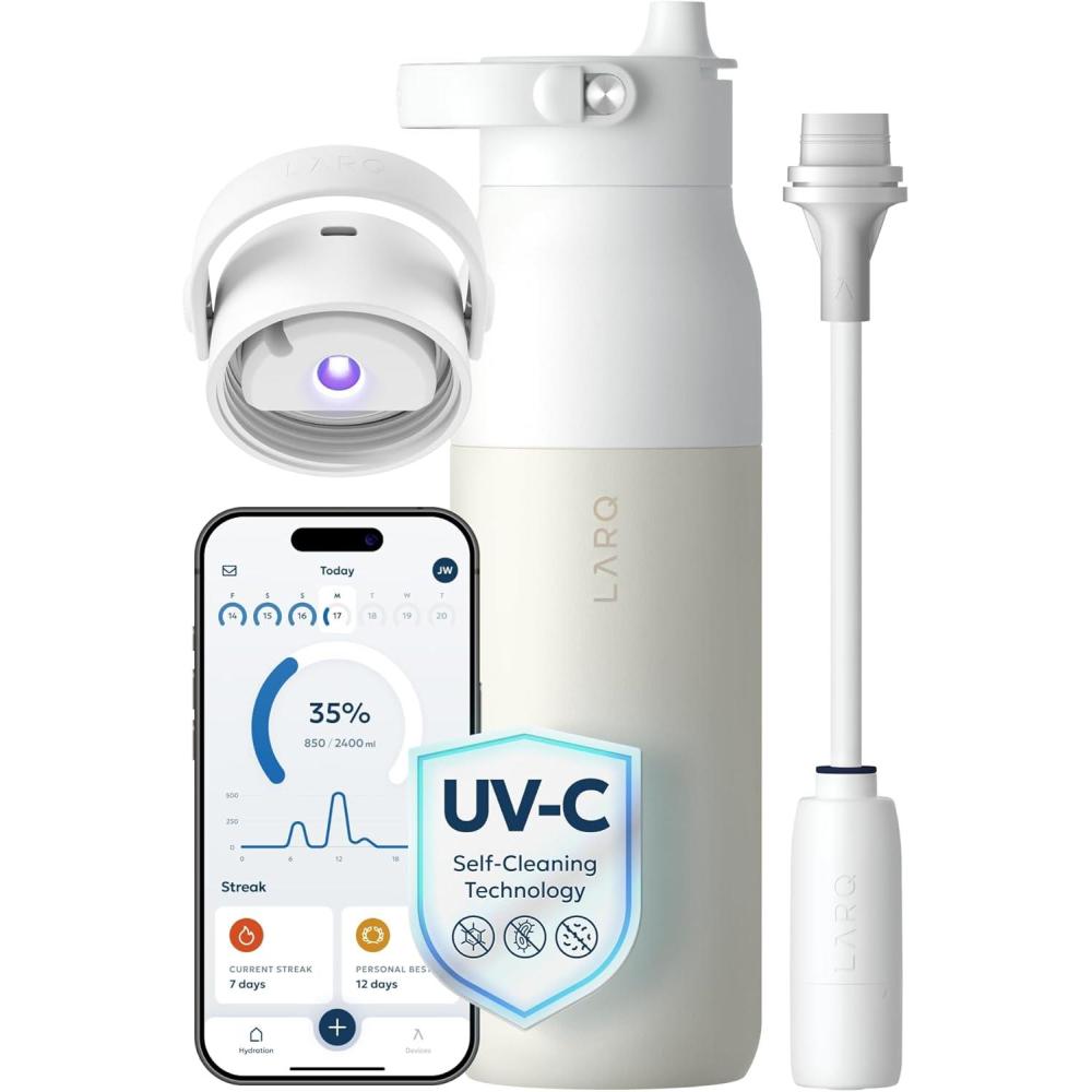 image:imageLARQ Bottle PureVis 2  UV Water Purifier with SelfCleaning App Hydration Tracking Filter Straw Detachable Handle DoubleWall InsulatedGranite White