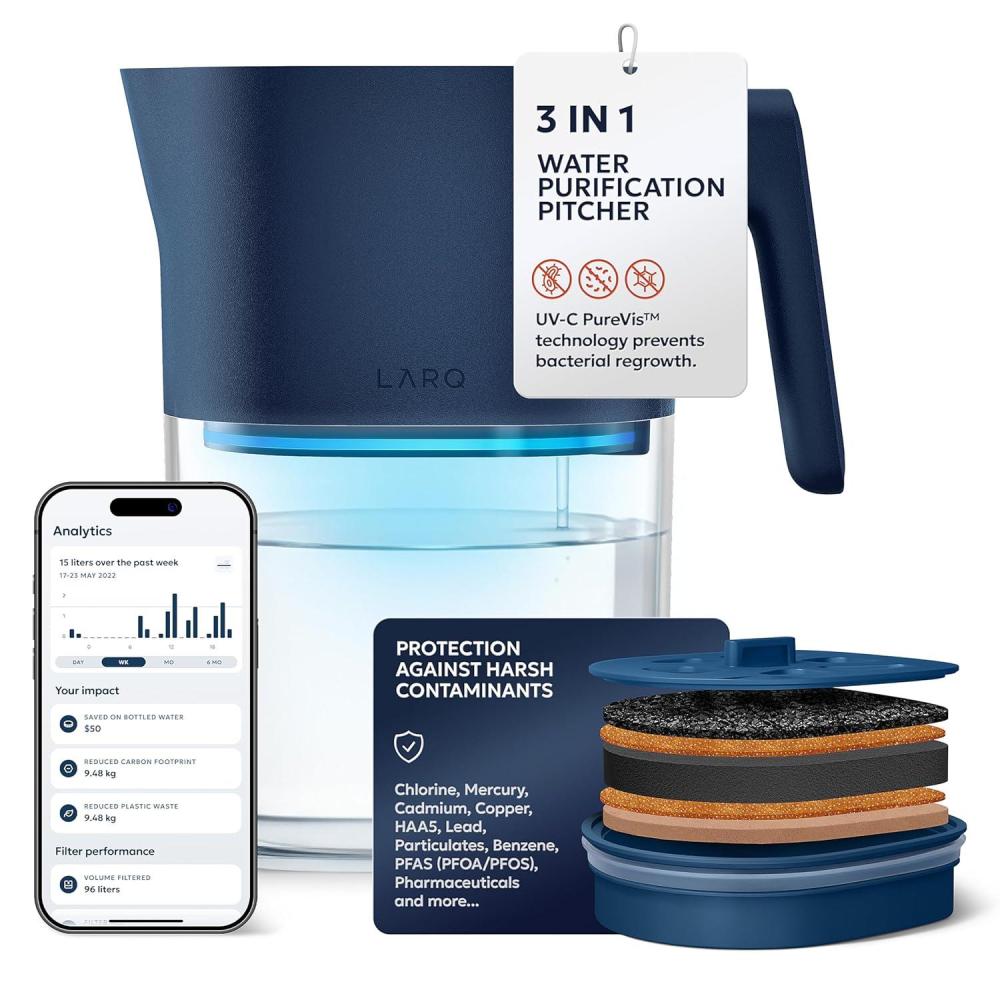 image:imageLARQ PureVis 3in1 Water Pitcher Purifier Filter amp Tracking 8Cup Water Purifier Pitcher with Advanced Filter for Clean amp Crisp Water Removes Chlorine PFAS Lead amp More Monaco BlueMonaco Blue