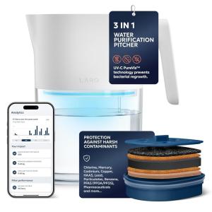LARQ PureVis 3-in-1 Water Pitcher – Purifier, Filter & Tracking, 8-Cup Water Purifier Pitcher with Advanced Filter for Clean & Crisp Water – Removes Chlorine, PFAS, Lead & More – Monaco Blue(Pure White)
